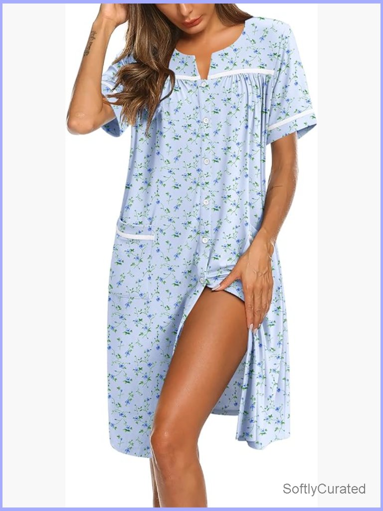 Nightgown With Pockets Button Down Sleepshirt Short Sleeve House Dress Maternity